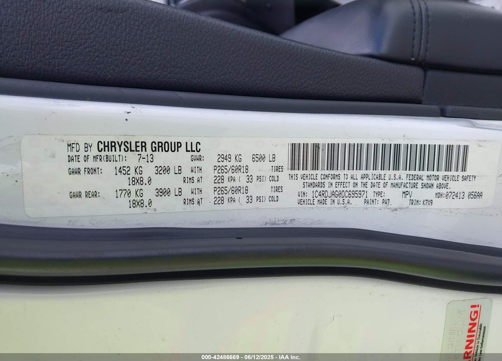 2013 DODGE DURANGO VIN: 1C4RDJAG0DC695971