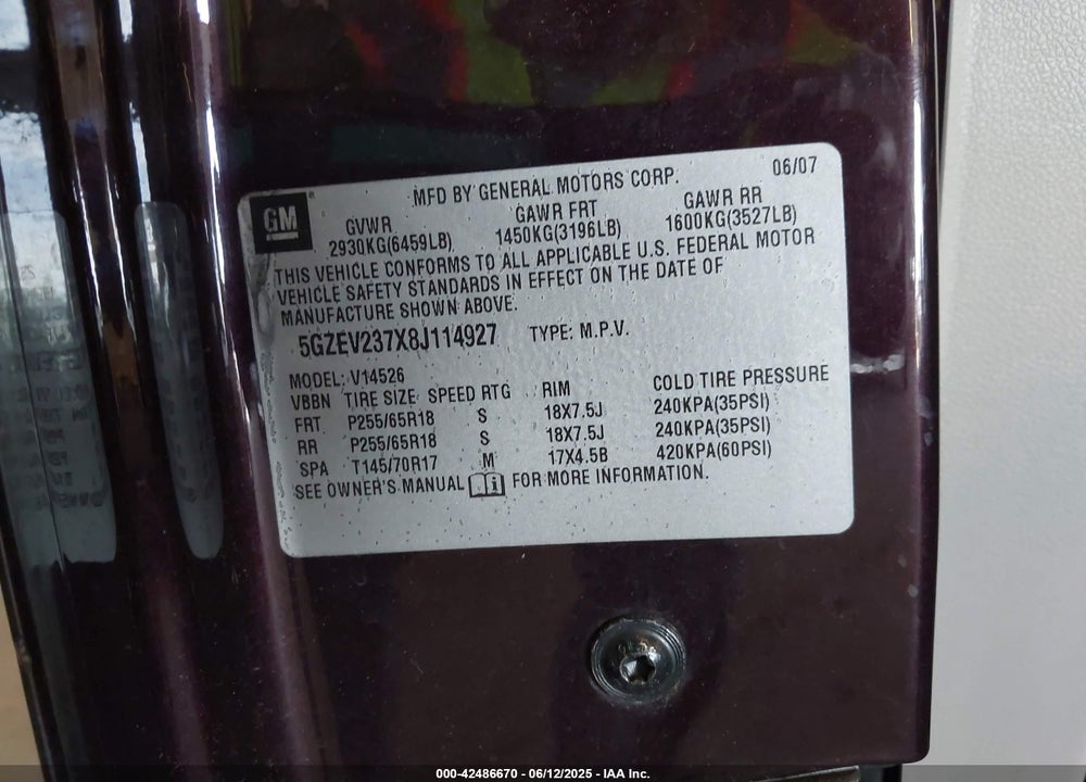 2008 SATURN OUTLOOK VIN: 5GZEV237X8J114927