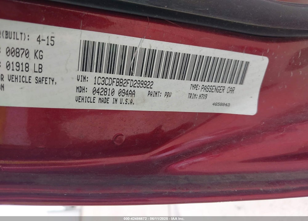 2015 DODGE DART VIN: 1C3CDFBB2FD299922