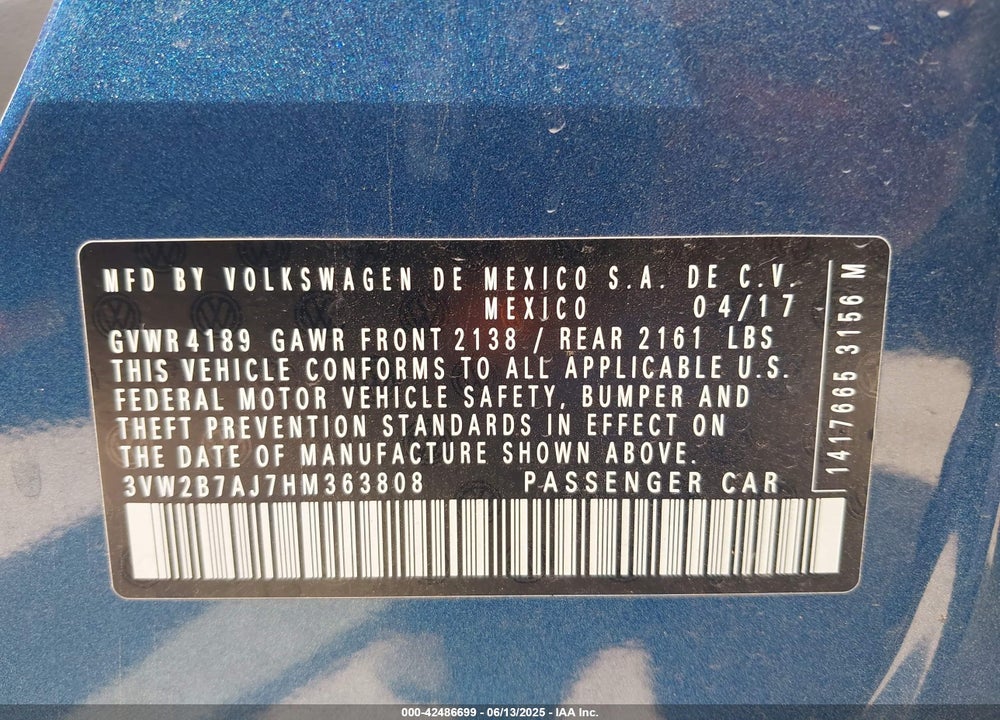 2017 VOLKSWAGEN JETTA VIN: 3VW2B7AJ7HM363808