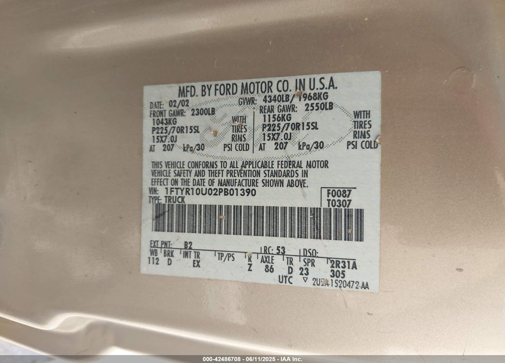 2002 FORD RANGER EDGE/XL/XLT VIN: 1FTYR10U02PB01390