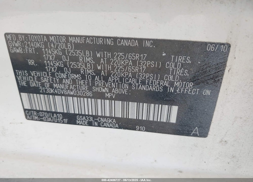 2010 TOYOTA RAV4 VIN: 2T3DK4DV8AW030286