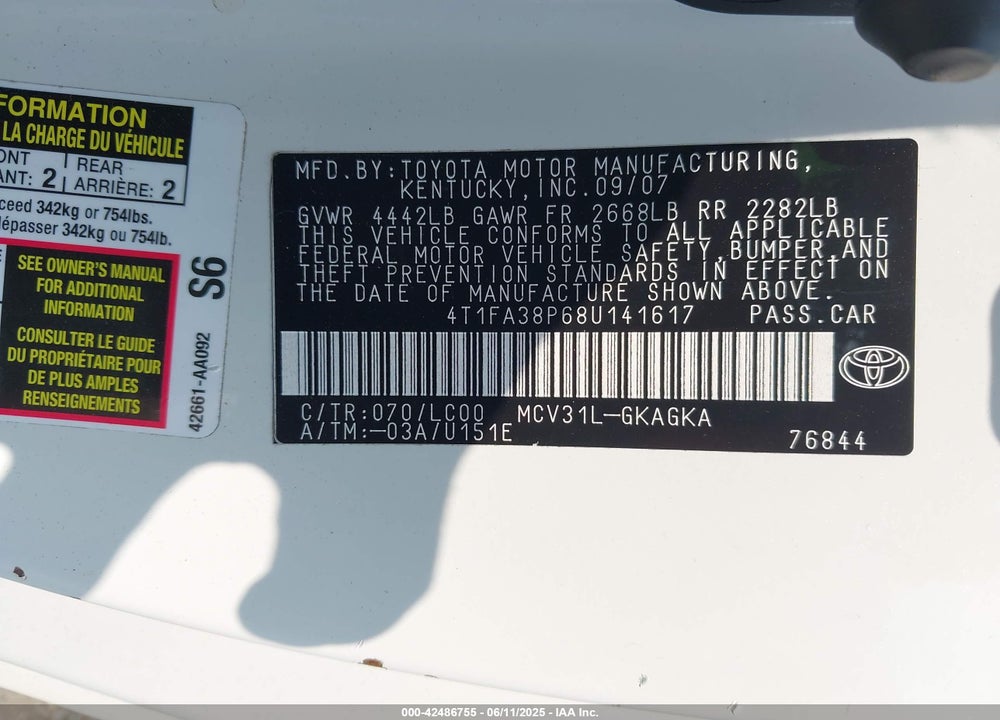2008 TOYOTA CAMRY VIN: 4T1FA38P68U141617