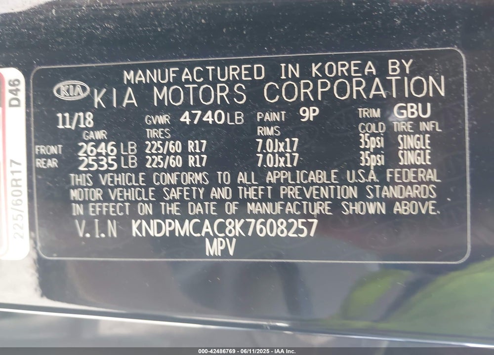 2019 KIA SPORTAGE VIN: KNDPMCAC8K7608257