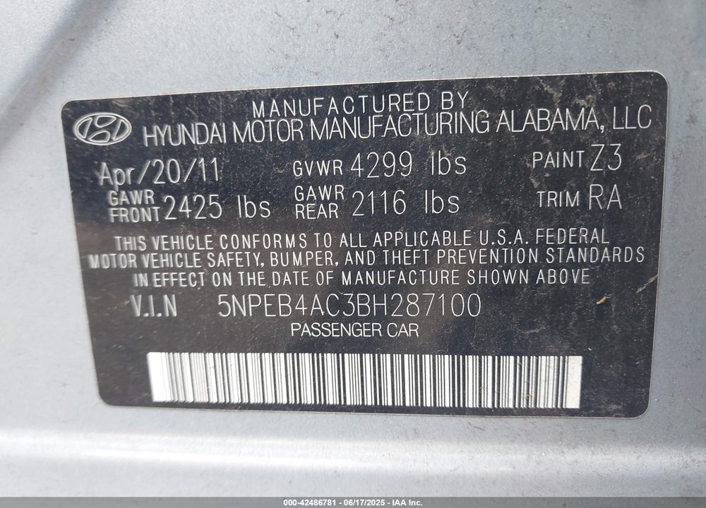 2011 HYUNDAI SONATA GLS VIN: 5NPEB4AC3BH287100