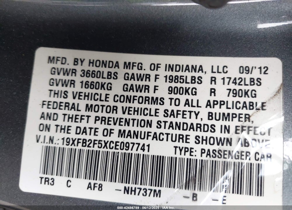 2012 HONDA CIVIC LX VIN: 19XFB2F5XCE097741