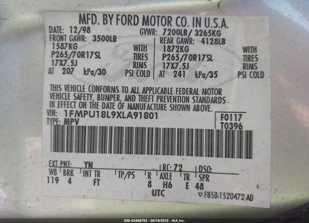 1999 FORD EXPEDITION EDDIE BAUER/XLT VIN: 1FMPU18L9XLA91801