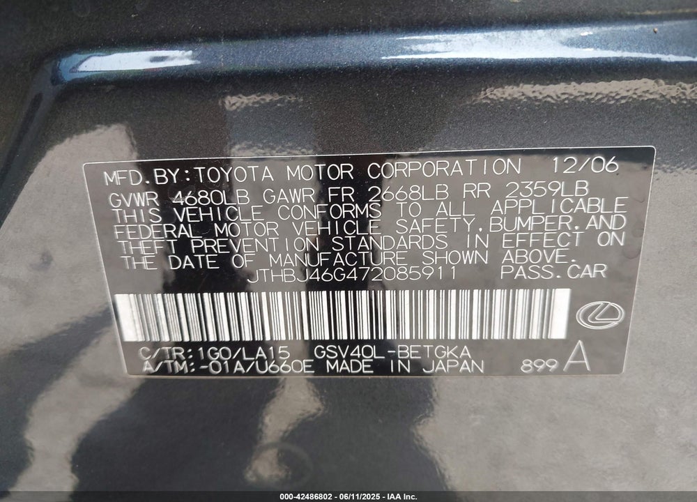 2007 LEXUS ES 350 VIN: JTHBJ46G472085911