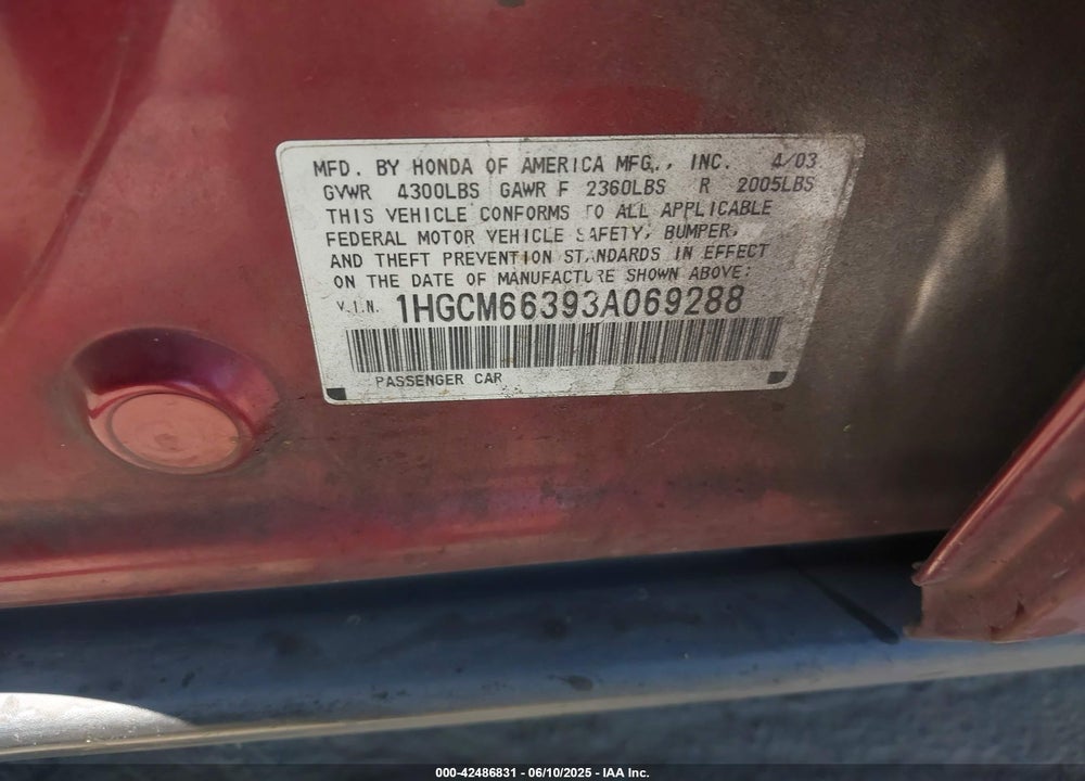 2003 HONDA ACCORD 3.0 LX VIN: 1HGCM66393A069288