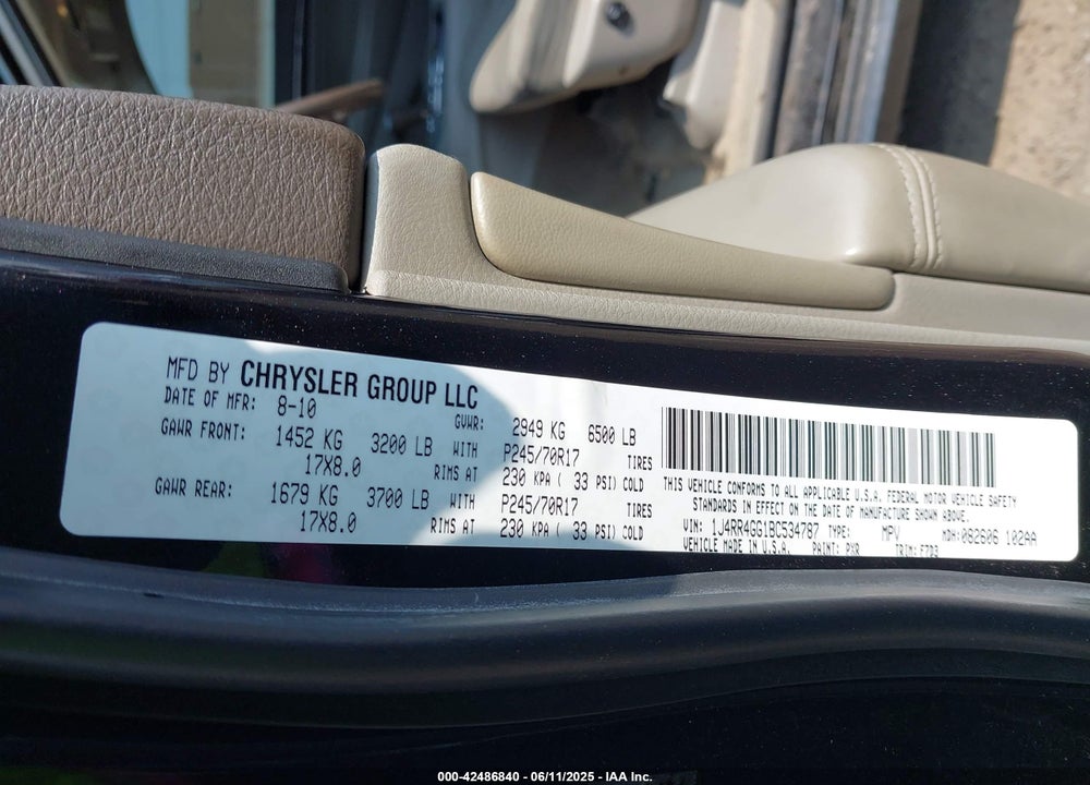 2011 JEEP GRAND CHEROKEE VIN: 1J4RR4GG1BC534787