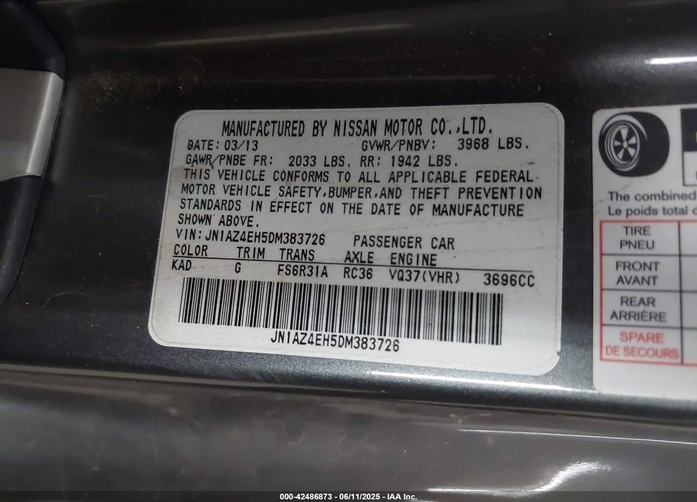 2013 NISSAN 370Z VIN: JN1AZ4EH5DM383726