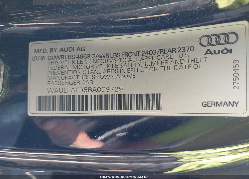 2011 AUDI A5 2.0T PREMIUM VIN: WAULFAFR5BA009729