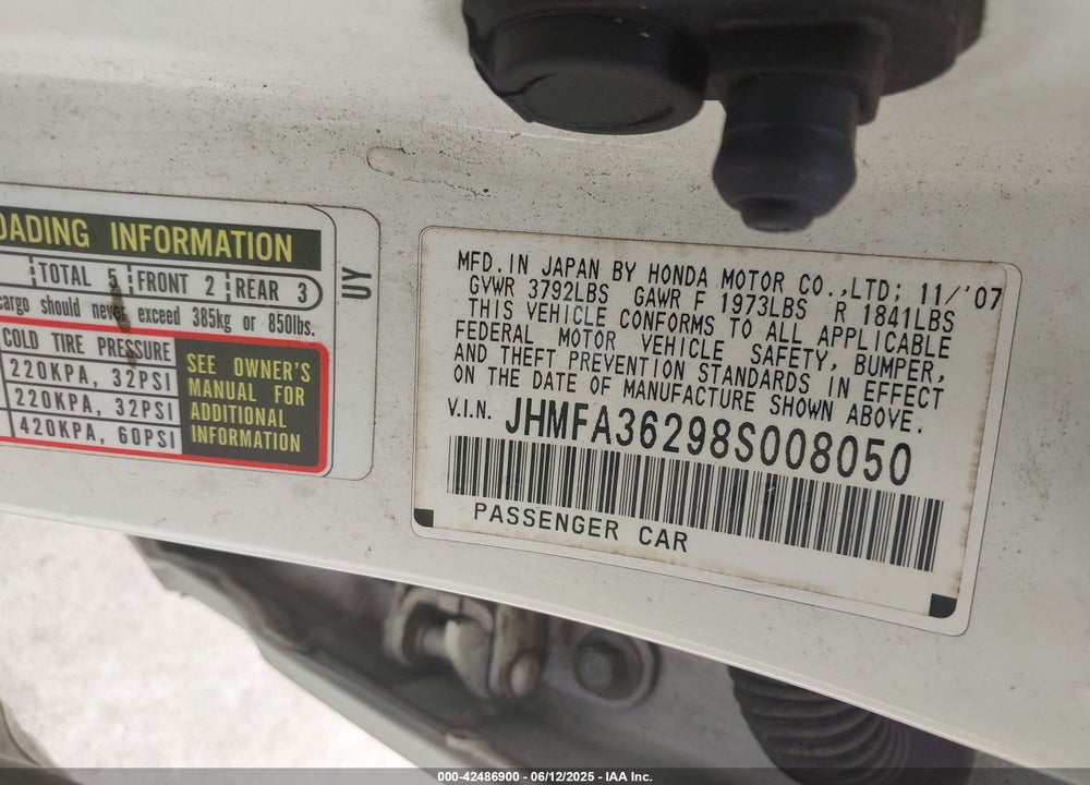 2008 HONDA CIVIC HYBRID VIN: JHMFA36298S008050