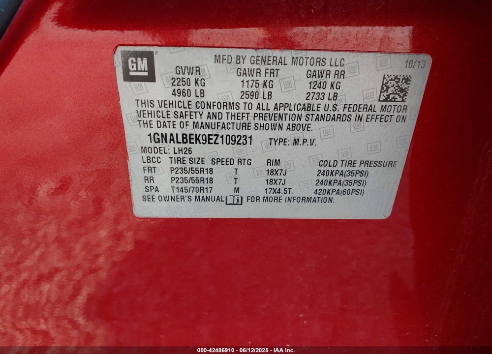 2014 CHEVROLET EQUINOX VIN: 1GNALBEK9EZ109231