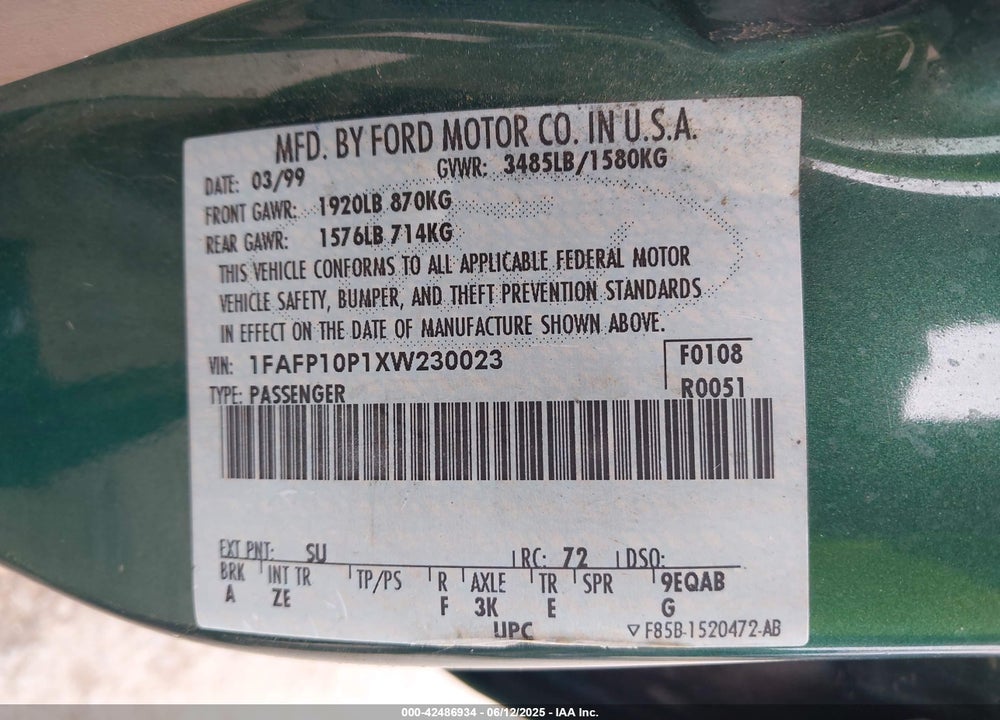 1999 FORD ESCORT VIN: 1FAFP10P1XW230023