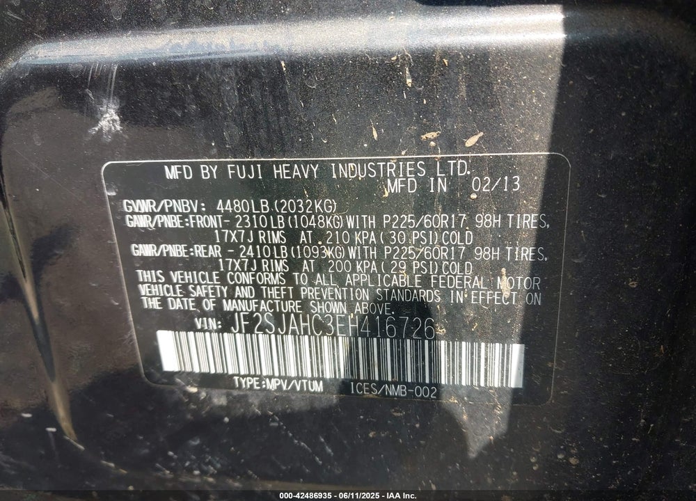 2014 SUBARU FORESTER VIN: JF2SJAHC3EH416726