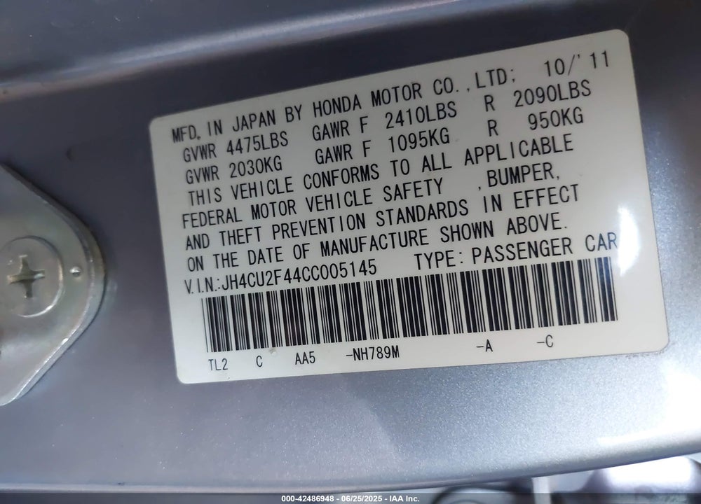 2012 ACURA TSX VIN: JH4CU2F44CC005145