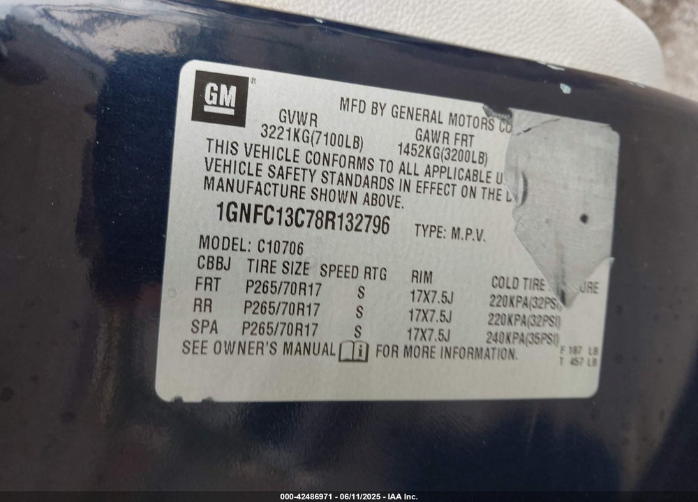 2008 CHEVROLET TAHOE VIN: 1GNFC13C78R132796