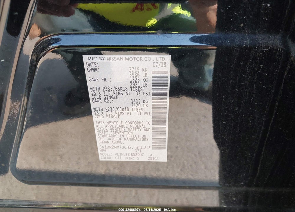 2018 NISSAN PATHFINDER VIN: 5N1DR2MM7JC673122