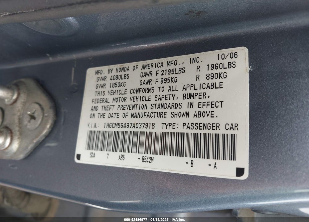2007 HONDA ACCORD VIN: 1HGCM56497A037918