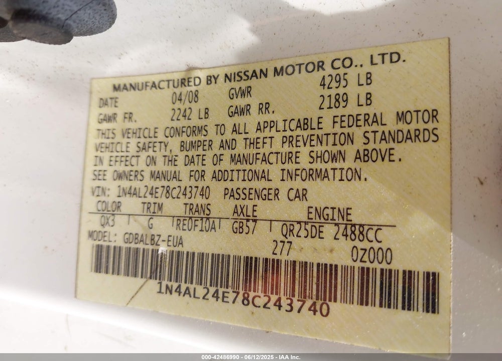 2008 NISSAN ALTIMA 2.5 S VIN: 1N4AL24E78C243740