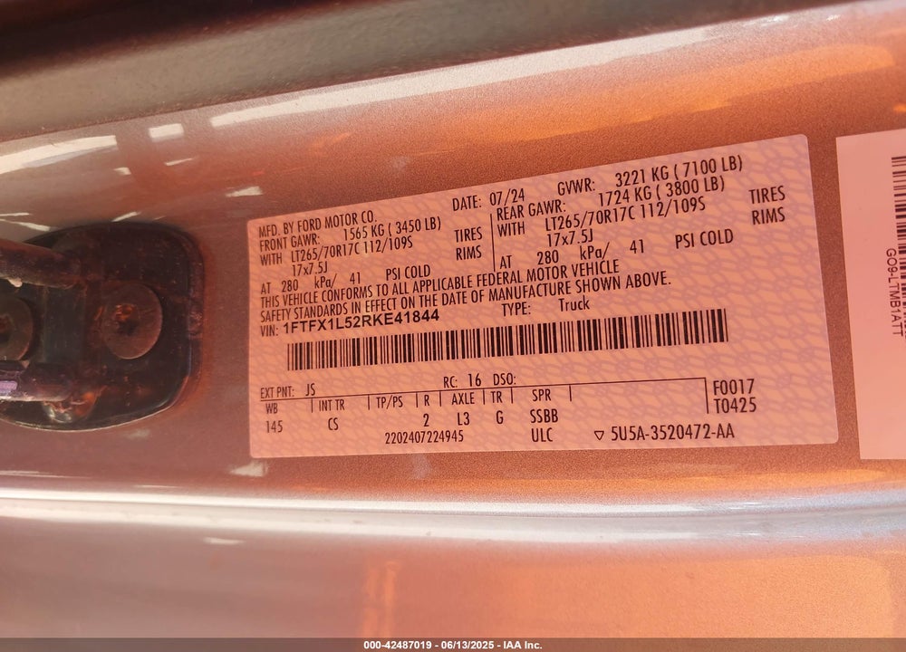 2024 FORD F-150 VIN: 1FTFX1L52RKE41844