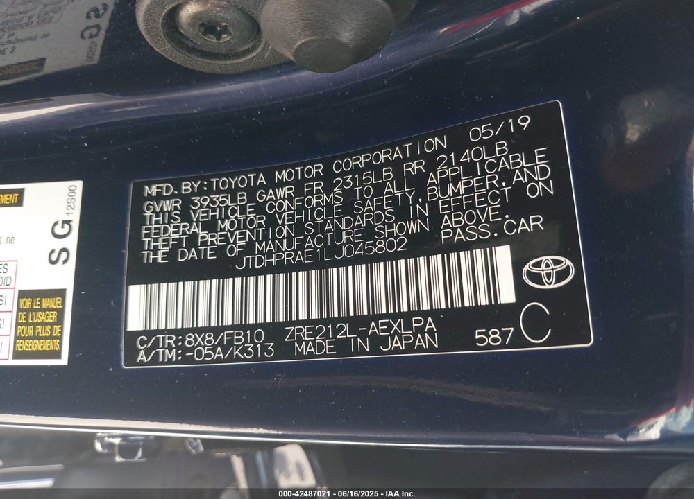 2020 TOYOTA COROLLA VIN: JTDHPRAE1LJ045802
