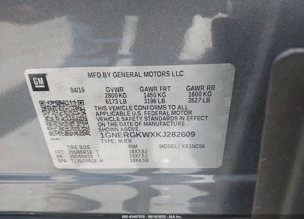 2019 CHEVROLET TRAVERSE VIN: 1GNERGKWXKJ282609
