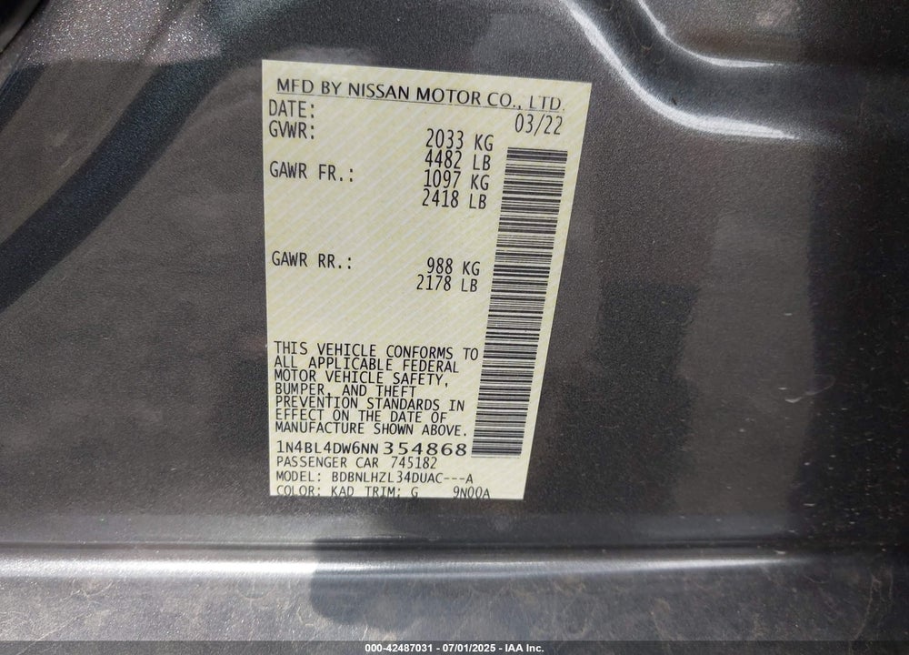 2022 NISSAN ALTIMA VIN: 1N4BL4DW6NN354868