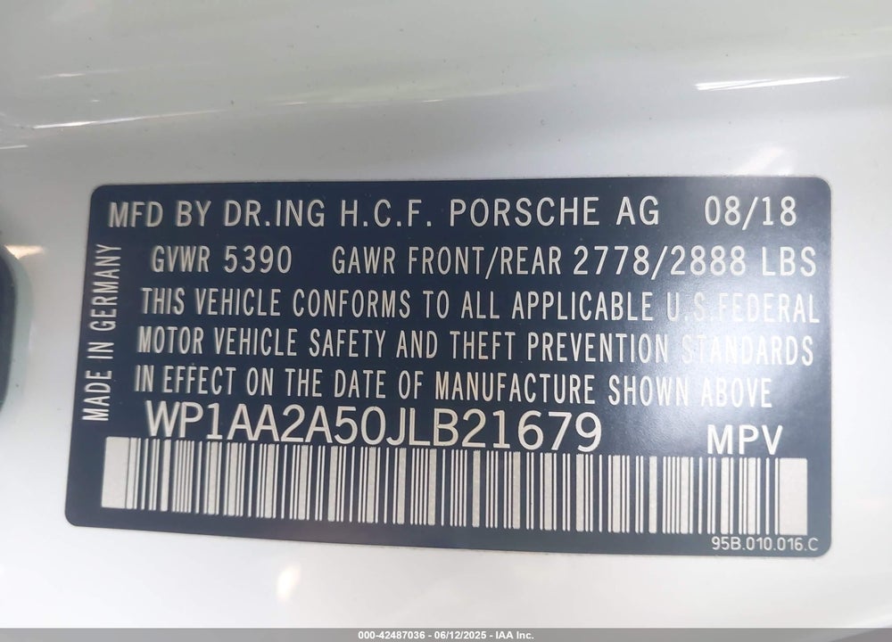 2018 PORSCHE MACAN VIN: WP1AA2A50JLB21679