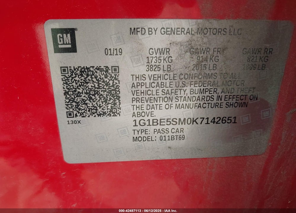 2019 CHEVROLET CRUZE VIN: 1G1BE5SM0K7142651