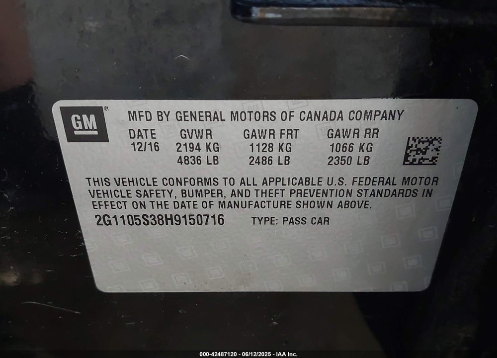 2017 CHEVROLET IMPALA VIN: 2G1105S38H9150716