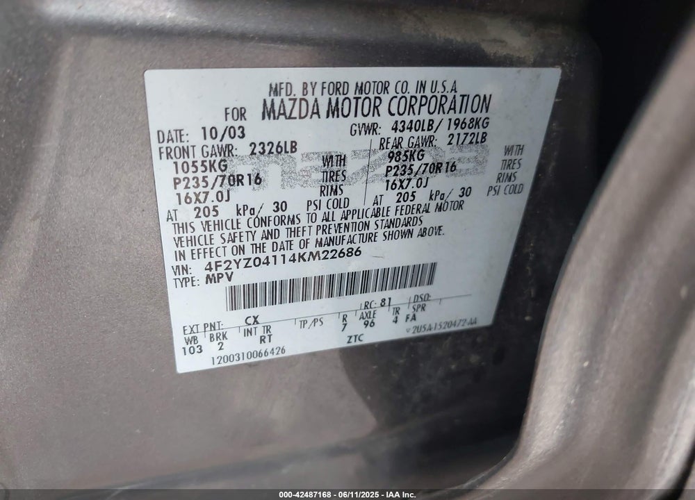 2004 MAZDA TRIBUTE LX V6 VIN: 4F2YZ04114KM22686