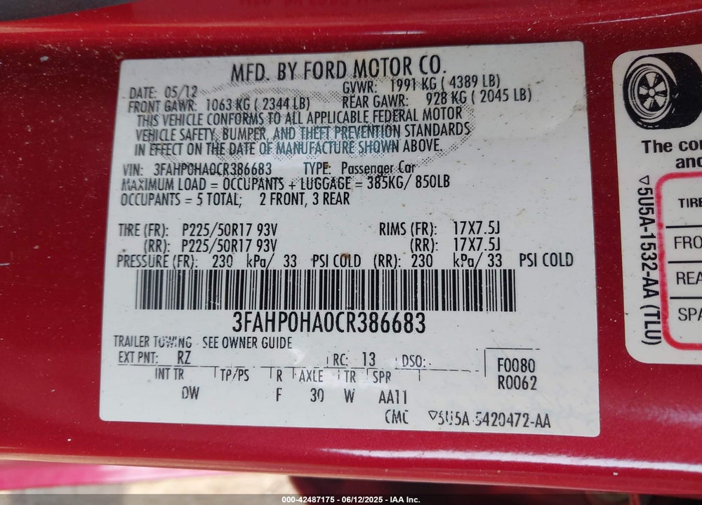 2012 FORD FUSION VIN: 3FAHP0HA0CR386683