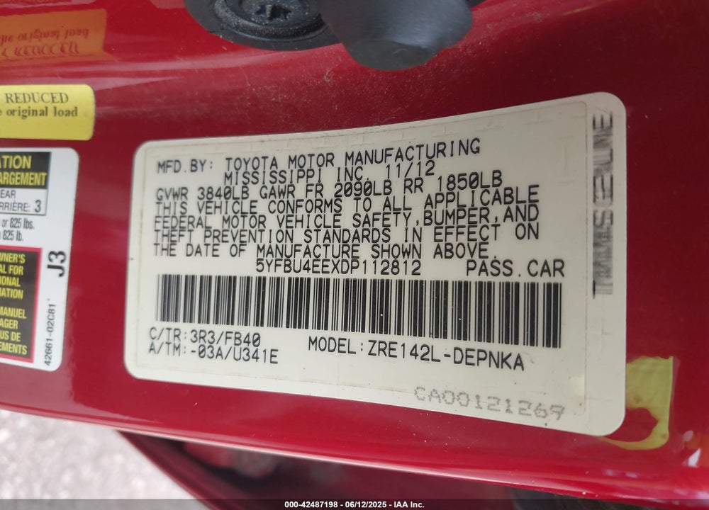 2013 TOYOTA COROLLA VIN: 5YFBU4EEXDP112812
