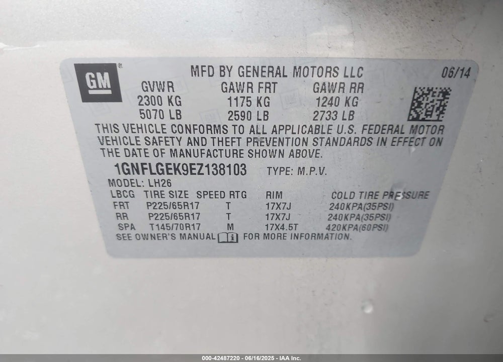 2014 CHEVROLET EQUINOX 2LT VIN: 1GNFLGEK9EZ138103