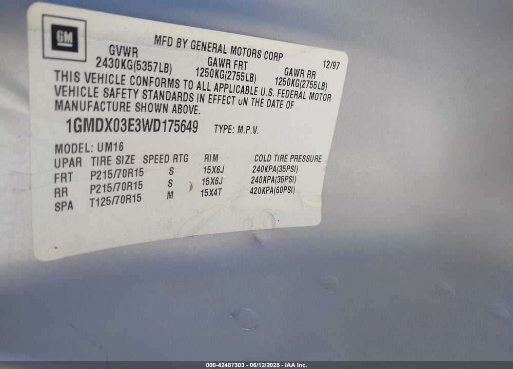 1998 PONTIAC TRANS SPORT BASE CMI VIN: 1GMDX03E3WD175649