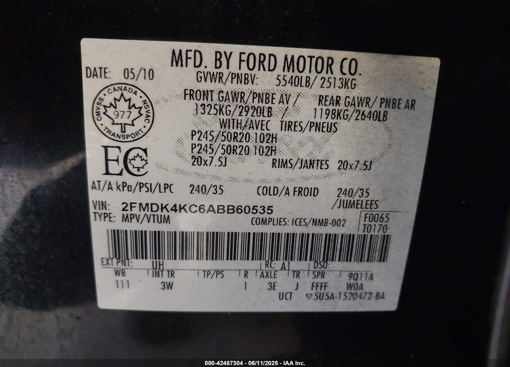 2010 FORD EDGE LIMITED VIN: 2FMDK4KC6ABB60535