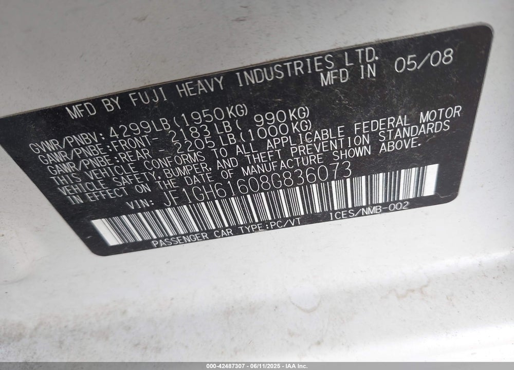 2008 SUBARU IMPREZA 2.5I VIN: JF1GH61608G836073