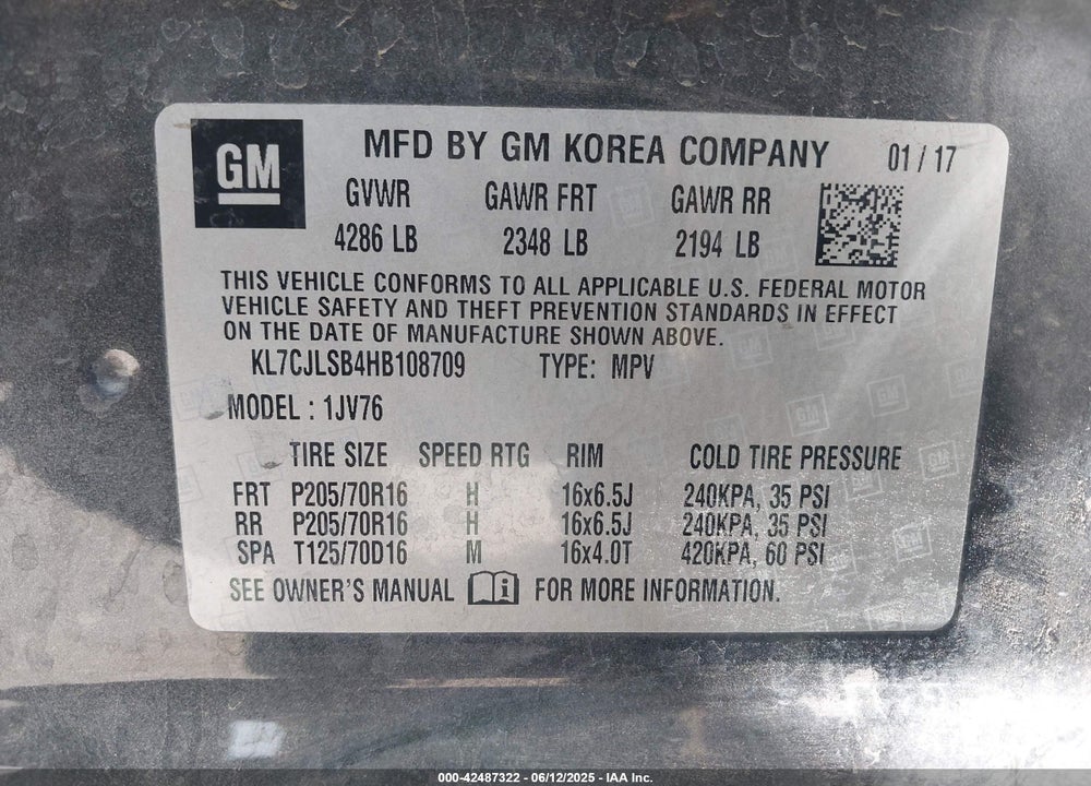 2017 CHEVROLET TRAX VIN: KL7CJLSB4HB108709