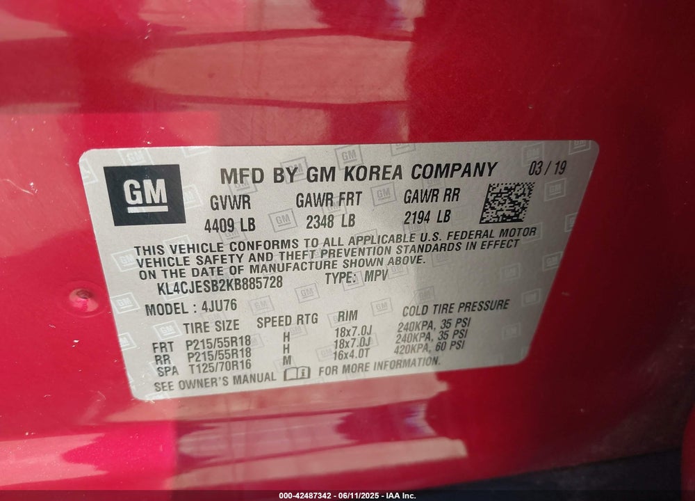 2019 BUICK ENCORE VIN: KL4CJESB2KB885728