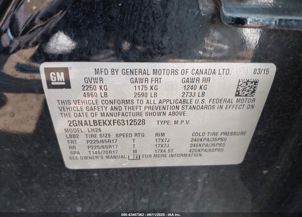 2015 CHEVROLET EQUINOX VIN: 2GNALBEKXF6312528