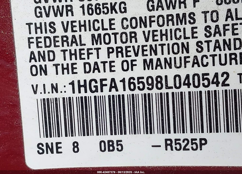 2008 HONDA CIVIC VIN: 1HGFA16598L040542