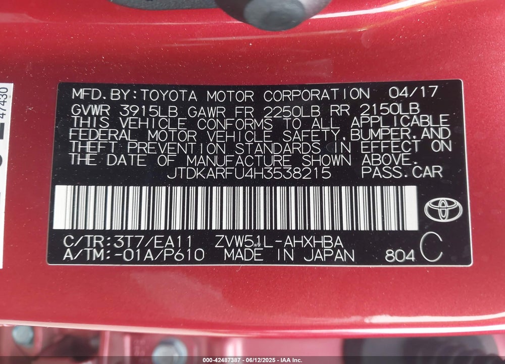2017 TOYOTA PRIUS VIN: JTDKARFU4H3538215
