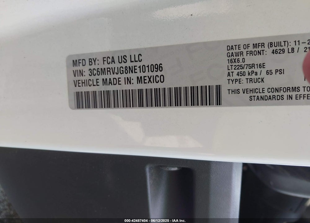 2022 RAM PROMASTER 3500 CARGO VAN HIGH ROOF 159 WB EXT VIN: 3C6MRVJG8NE101096