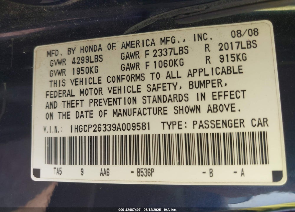 2009 HONDA ACCORD VIN: 1HGCP26339A009581