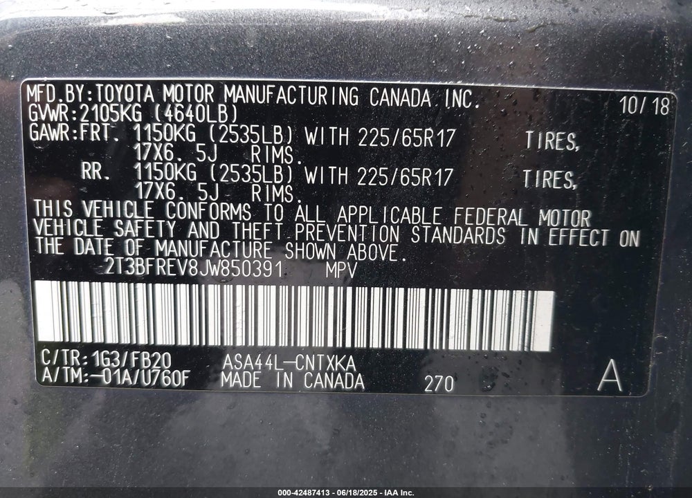 2018 TOYOTA RAV4 VIN: 2T3BFREV8JW850391