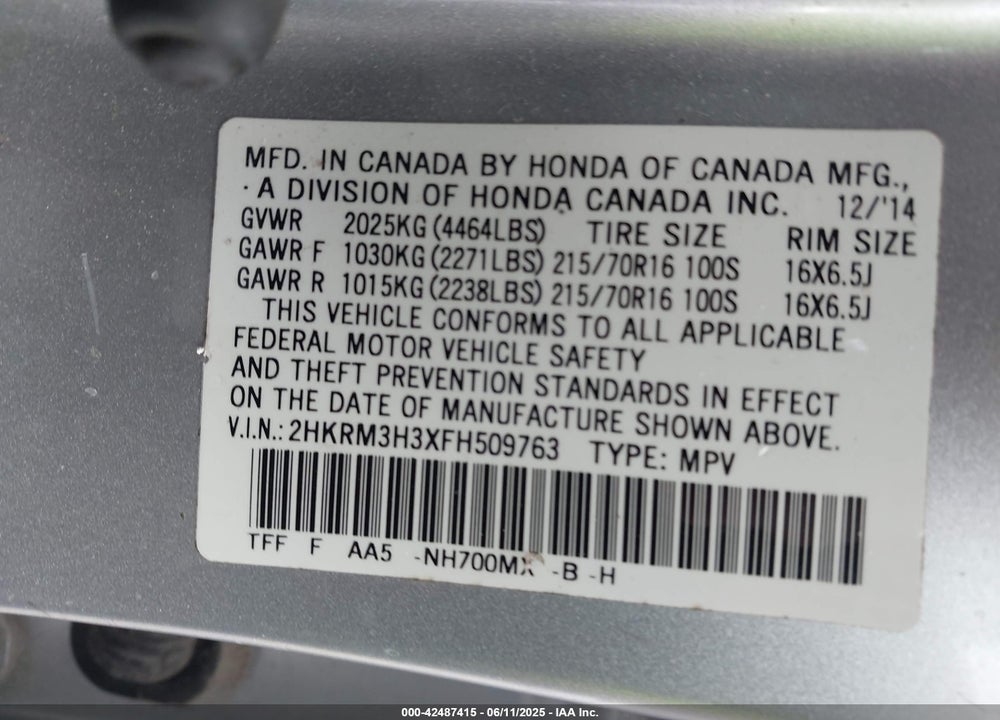 2015 HONDA CR-V LX VIN: 2HKRM3H3XFH509763