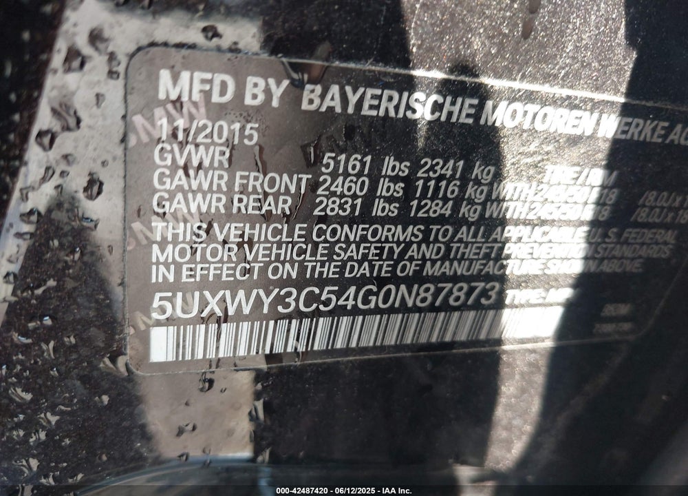 2016 BMW X3 VIN: 5UXWY3C54G0N87873