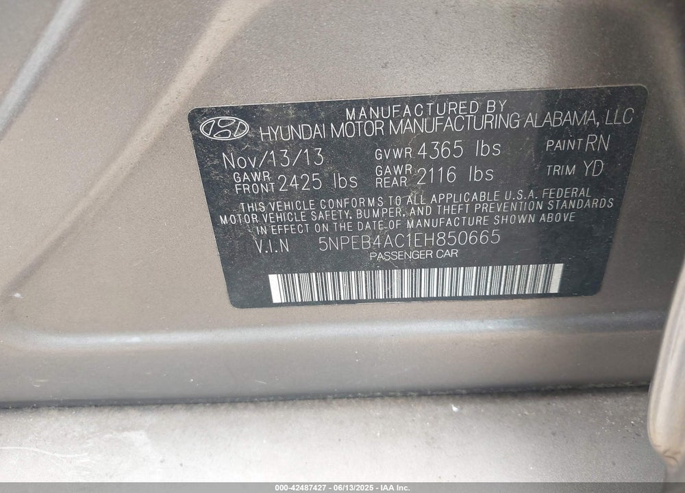 2014 HYUNDAI SONATA GLS VIN: 5NPEB4AC1EH850665